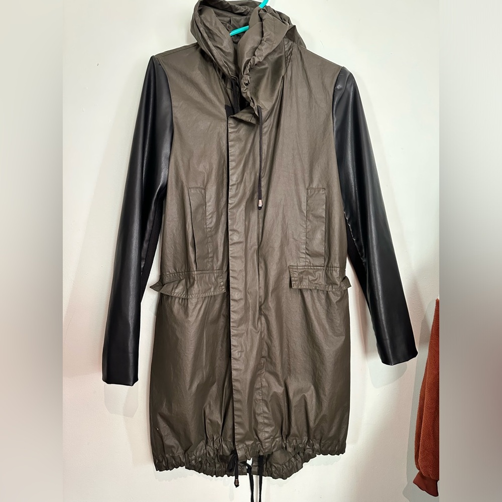 Zara - Khaki Utility Jacket with Faux Leather Sleeves